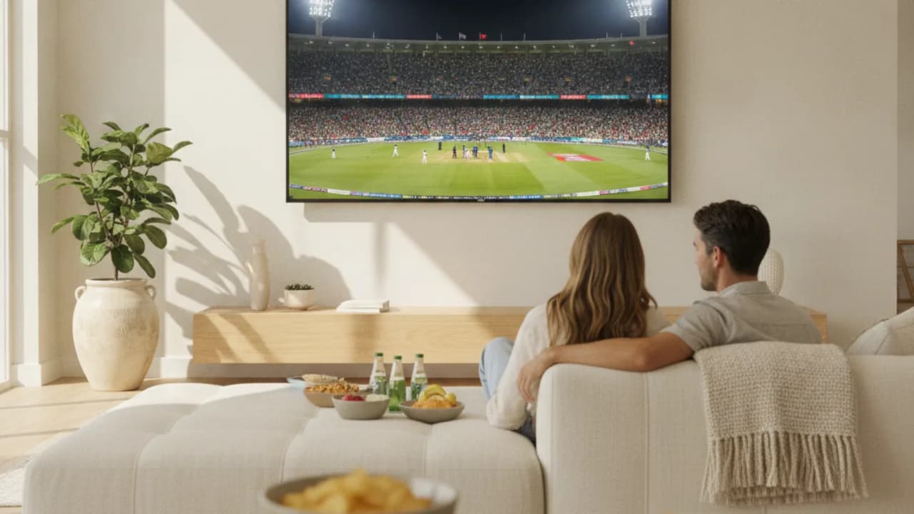 Big Bash League T20 cricket match under floodlights on a TV in Australia