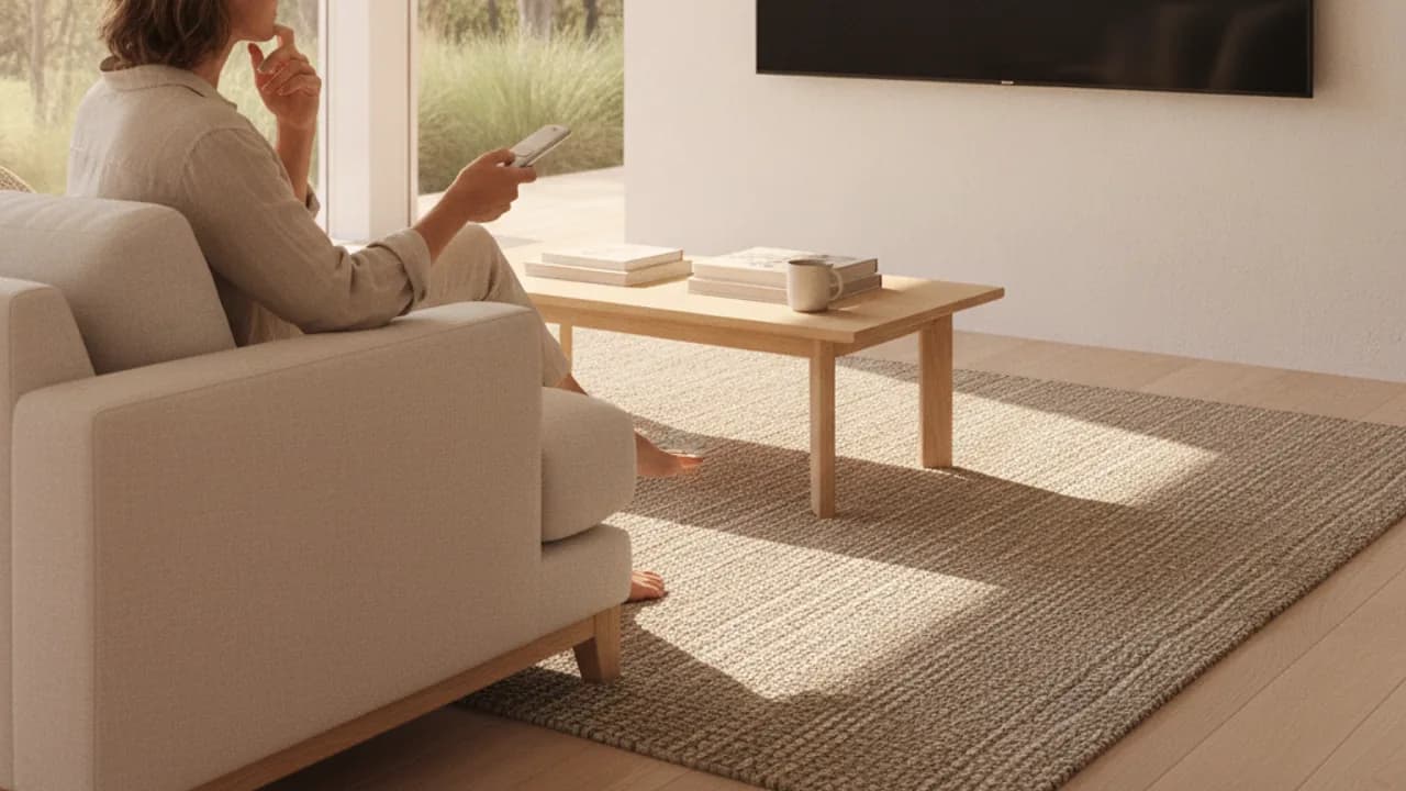 Person troubleshooting a buffering IPTV stream on a TV in an Australian living room