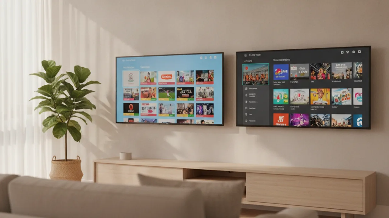 IPTV Smarters Pro and TiviMate player interfaces compared on two TVs side by side