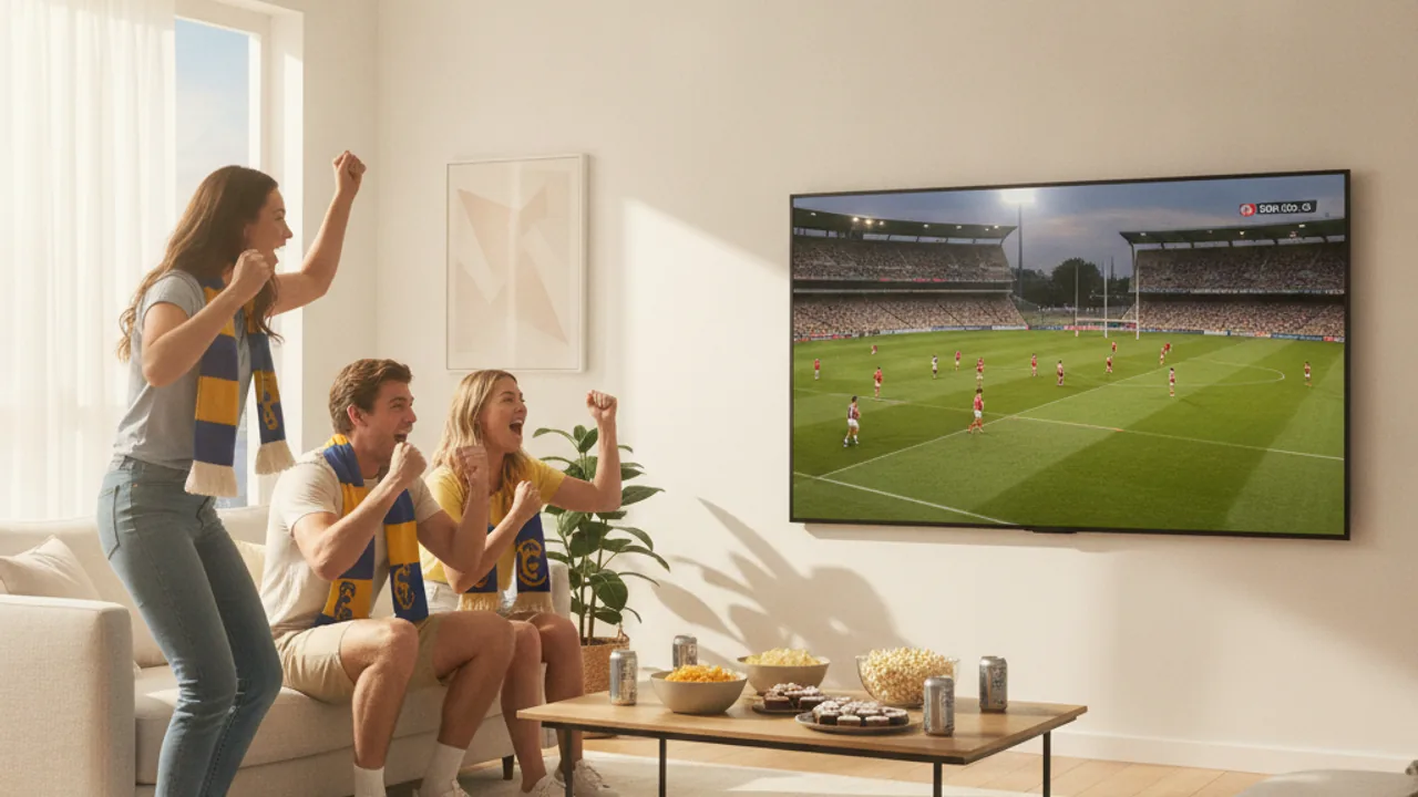 Fans watching an AFL match live in 4K on a large TV in an Australian living room
