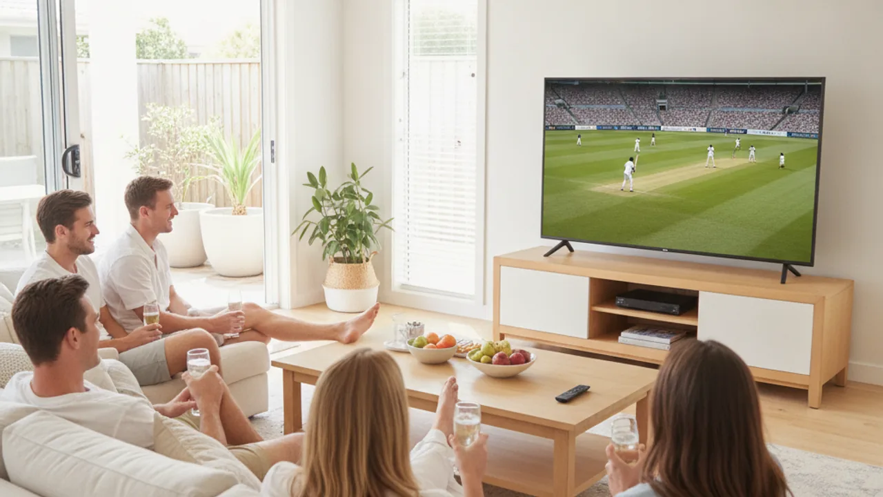 Fans watching a live cricket match on a big TV in a bright Australian living room in summer