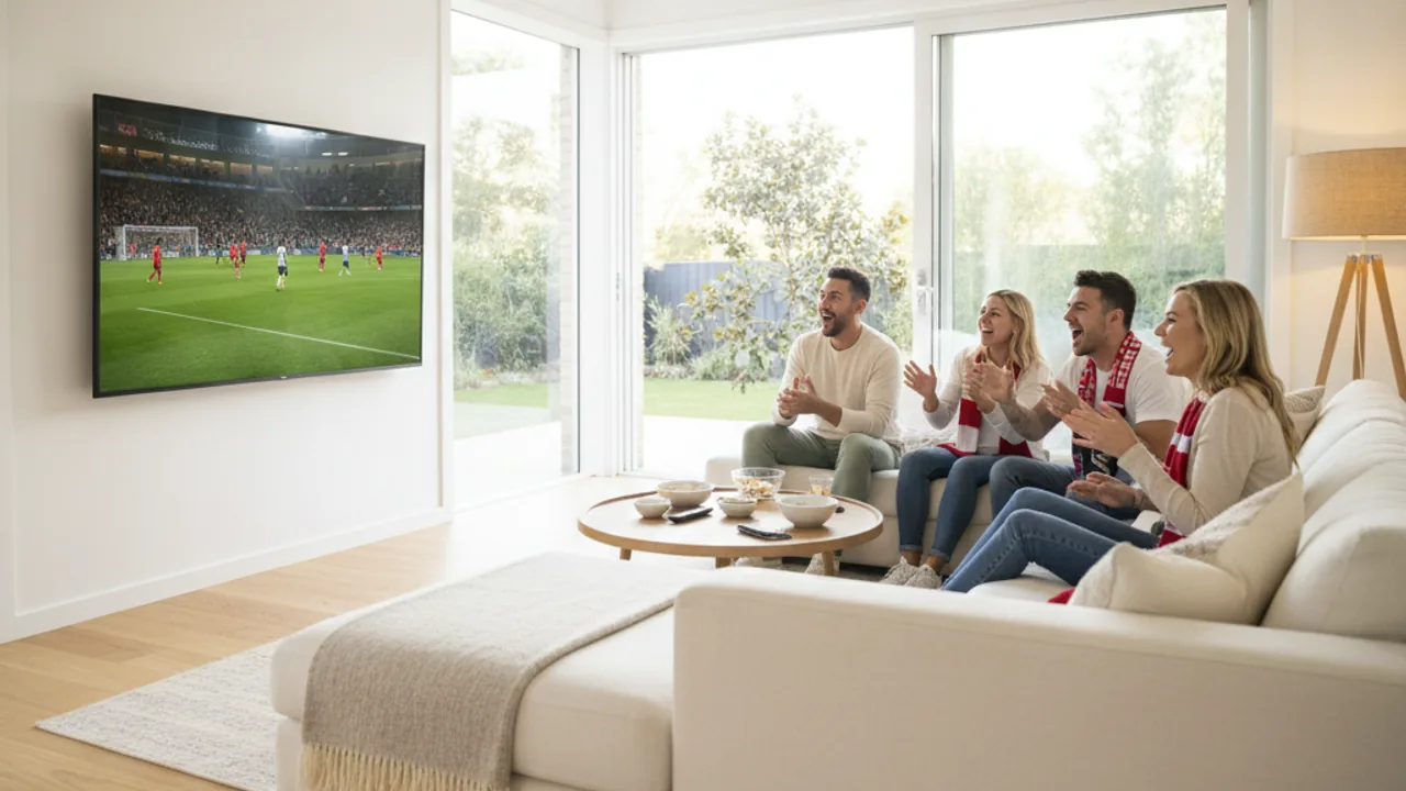 Football fans watching a Premier League match live on a big TV in an Australian living room at night