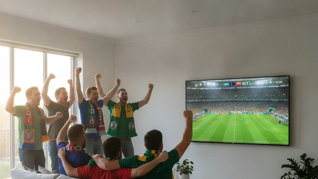 Football fans watching the FIFA World Cup 2026 live on a big TV in an Australian living room