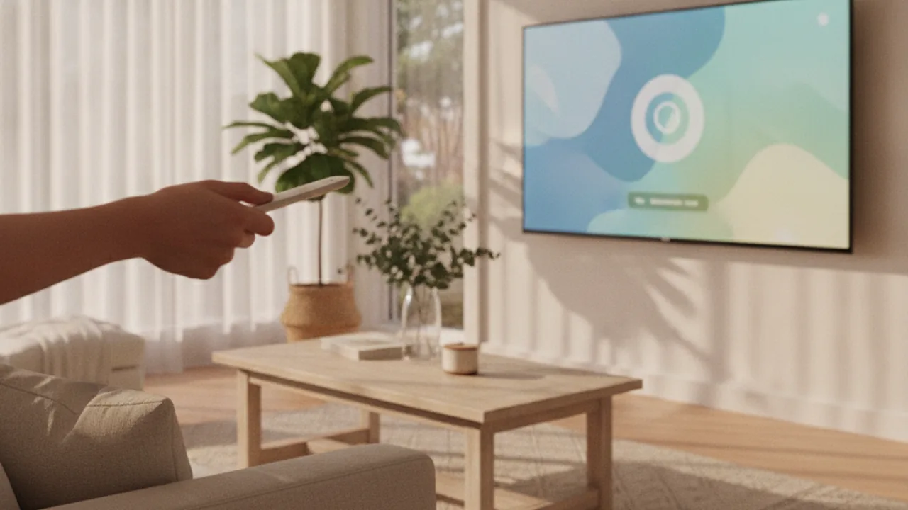 Amazon Firestick remote pointed at a TV installing an IPTV app in Australia