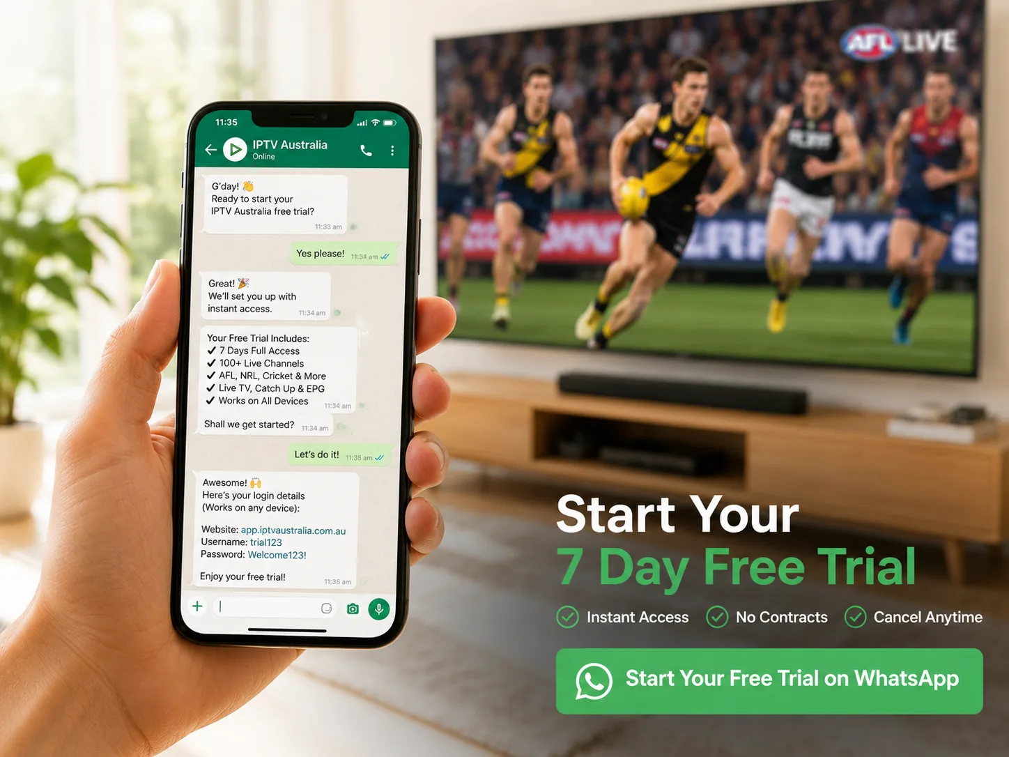 Starting a free IPTV Australia trial through a WhatsApp chat on a phone in front of a TV
