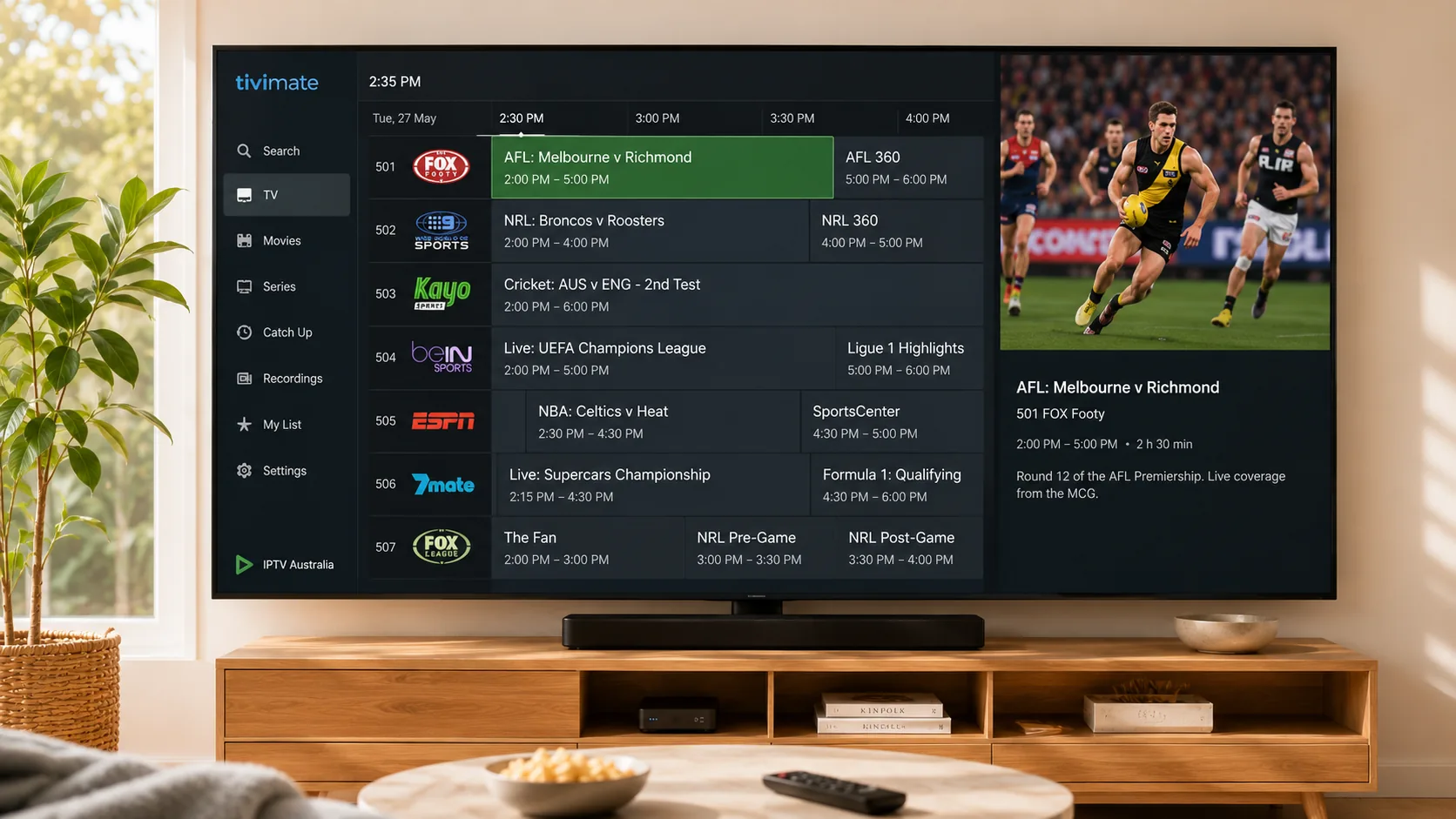 TiviMate electronic program guide showing Australian sports channels on a TV